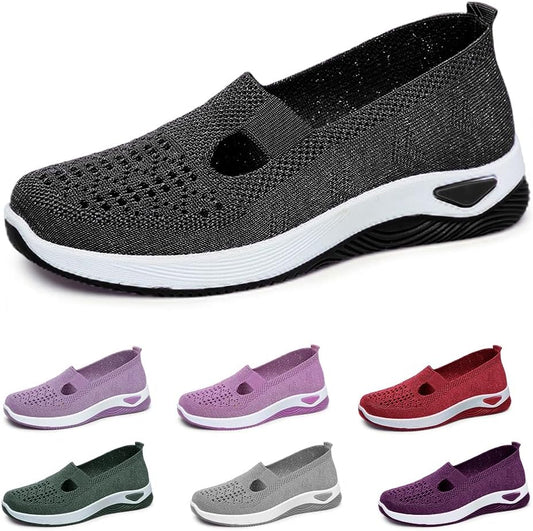 Women's breathable woven slip-on orthopedic sneakers with mesh knit upper, soft sole, ideal for outdoor hiking and casual wear.