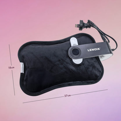 Hlpmedical rechargeable electric hot water bottle with fast heating, leak-resistant design, showing a soft fabric cover and digital control.