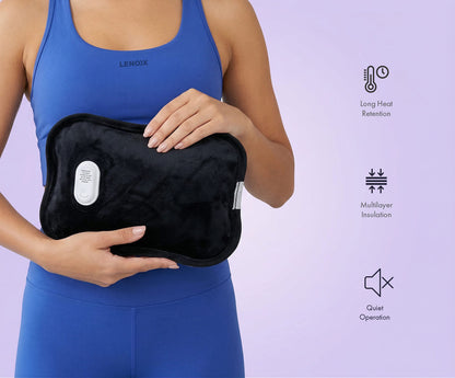 Hlpmedical rechargeable electric hot water bottle with fast heating, leak-resistant design, and temperature up to 70°C for relaxation.