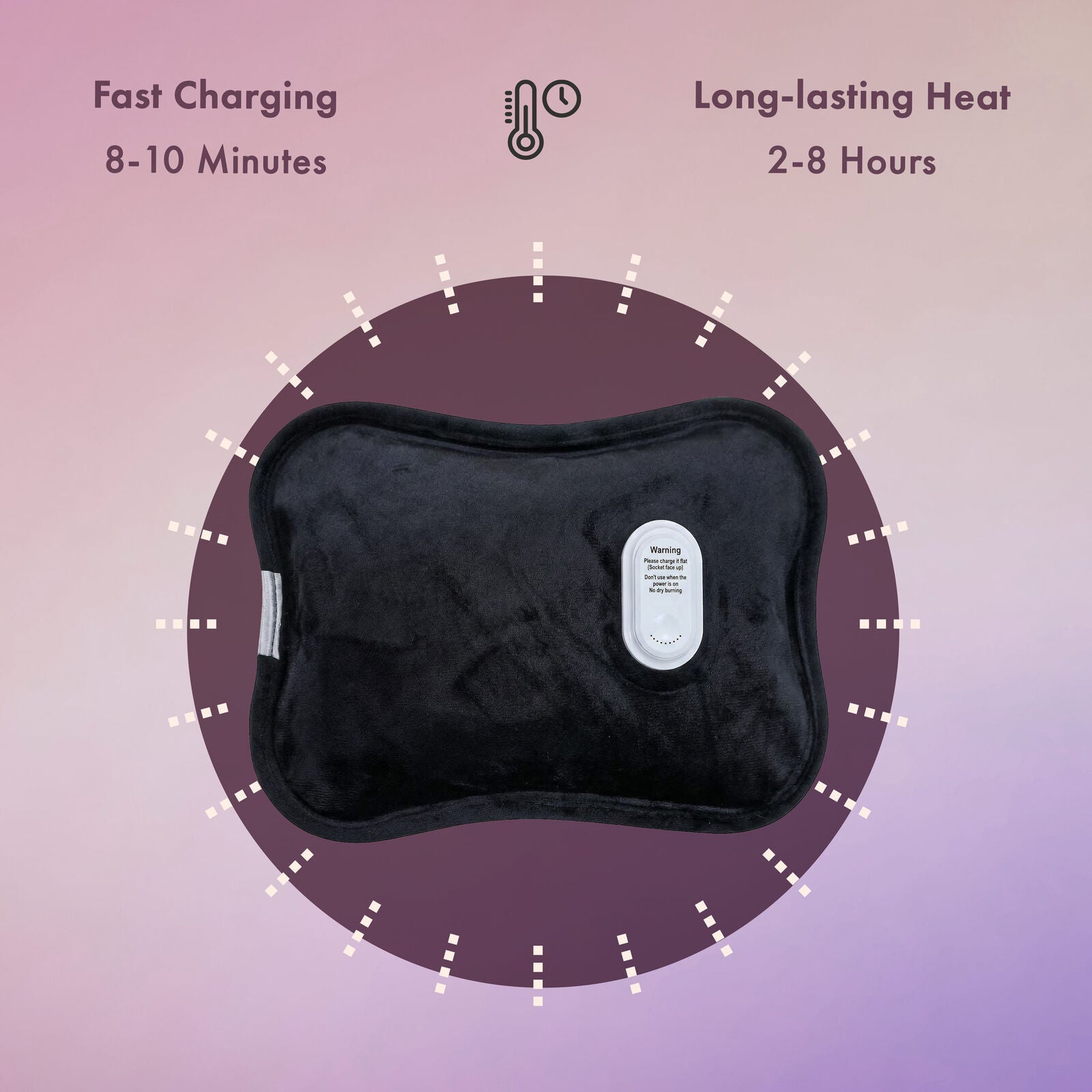 Hlpmedical rechargeable electric hot water bottle with fast heating, leak-resistant design, showing the bottle and control panel.