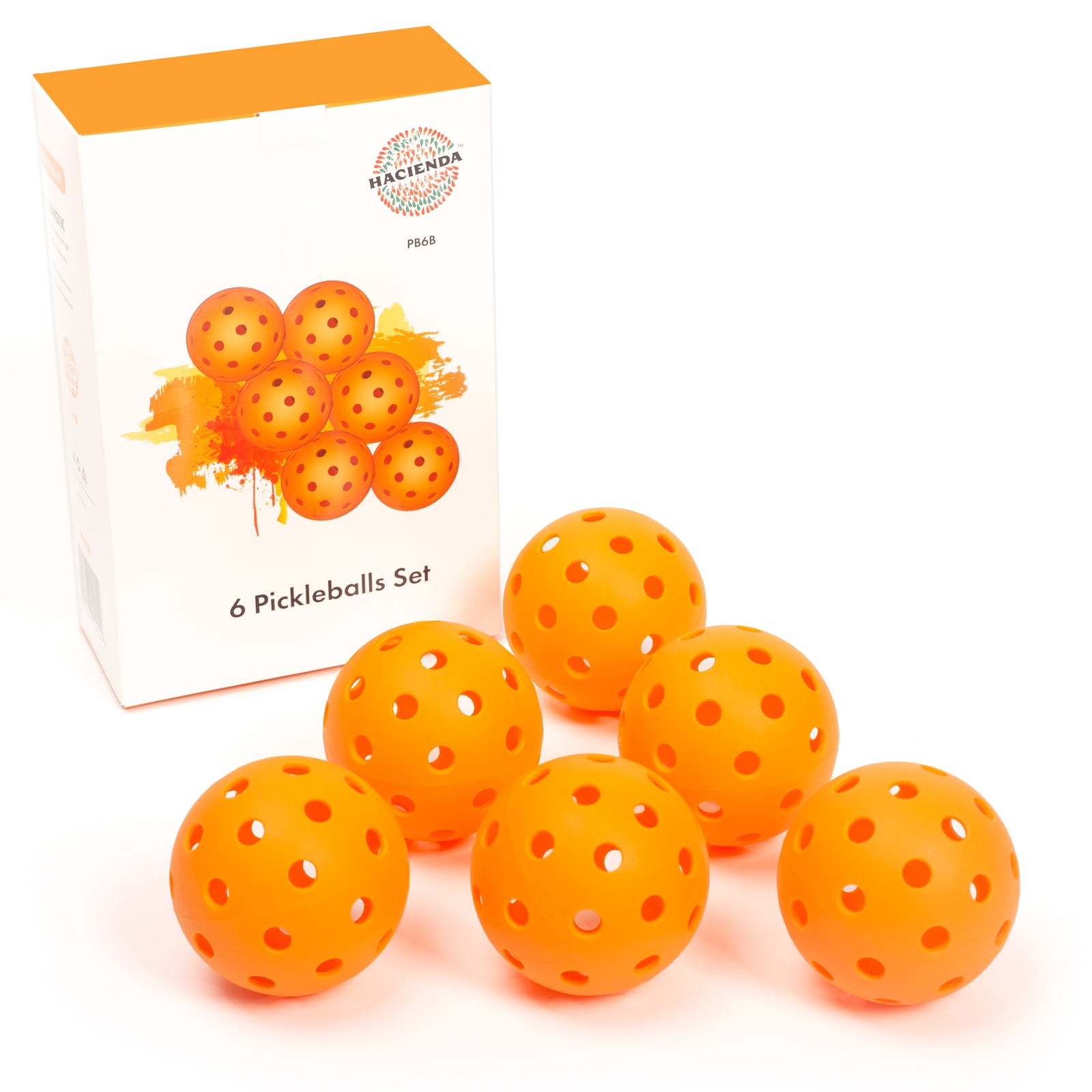 Six Hlpmedical Precision Aerodynamic pickleball balls with 40-hole design for outdoor pickleball play, shown in a 6-pack.