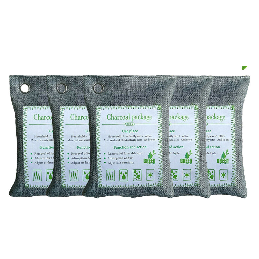Hlpmedical 5-pack bamboo charcoal air purifying bags for car, home, and shoes, helping freshen spaces with natural deodorizing.