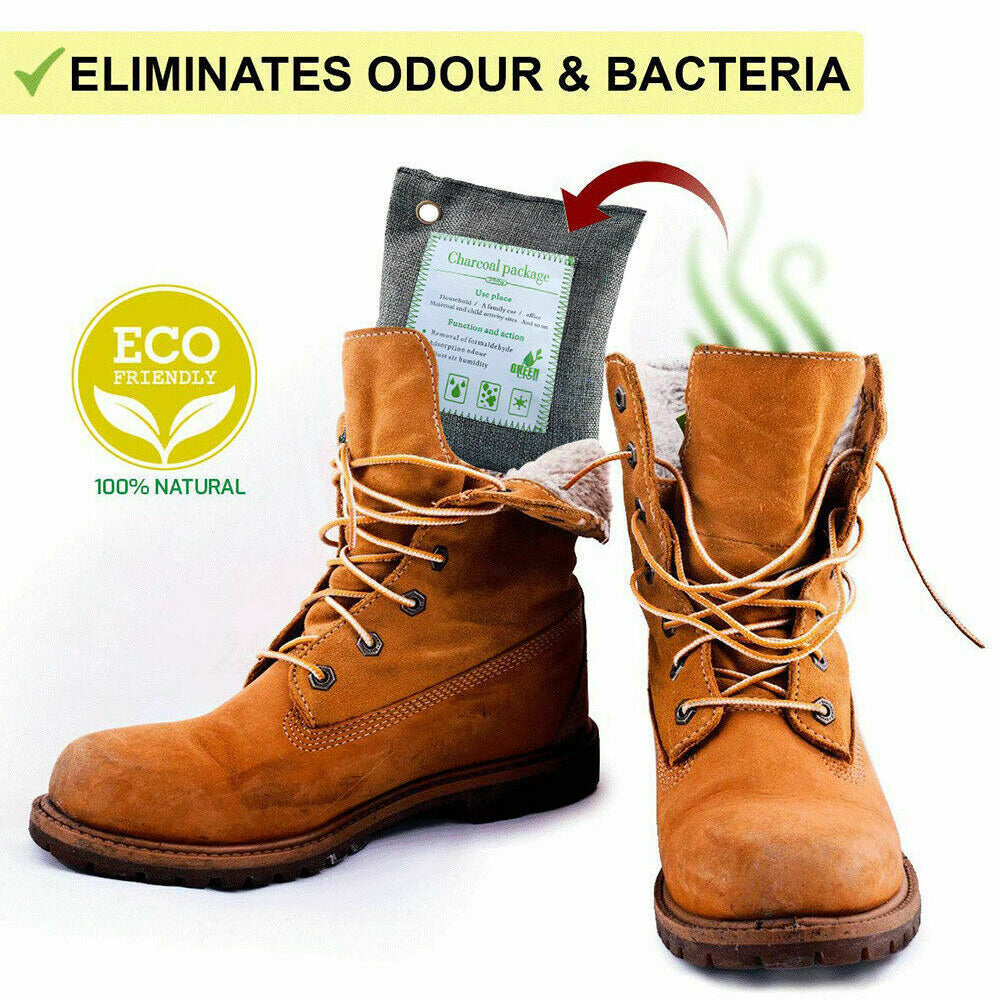 Five Hlpmedical bamboo charcoal air purifying bags for car, home, and shoes, designed to absorb odors and freshen spaces.