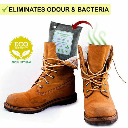 Five Hlpmedical bamboo charcoal air purifying bags for car, home, and shoes, designed to absorb odors and freshen spaces.