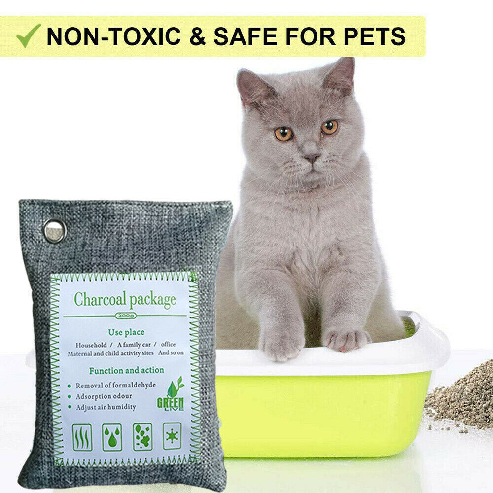 Set of five Hlpmedical bamboo charcoal air purifying bags for car, home, and shoes; natural deodorizer and moisture absorber.