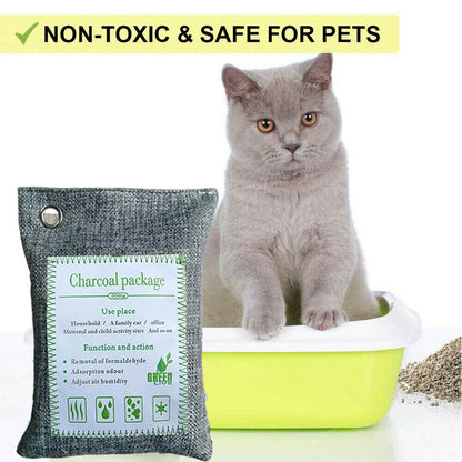 Set of five Hlpmedical bamboo charcoal air purifying bags for car, home, and shoes; natural deodorizer and moisture absorber.