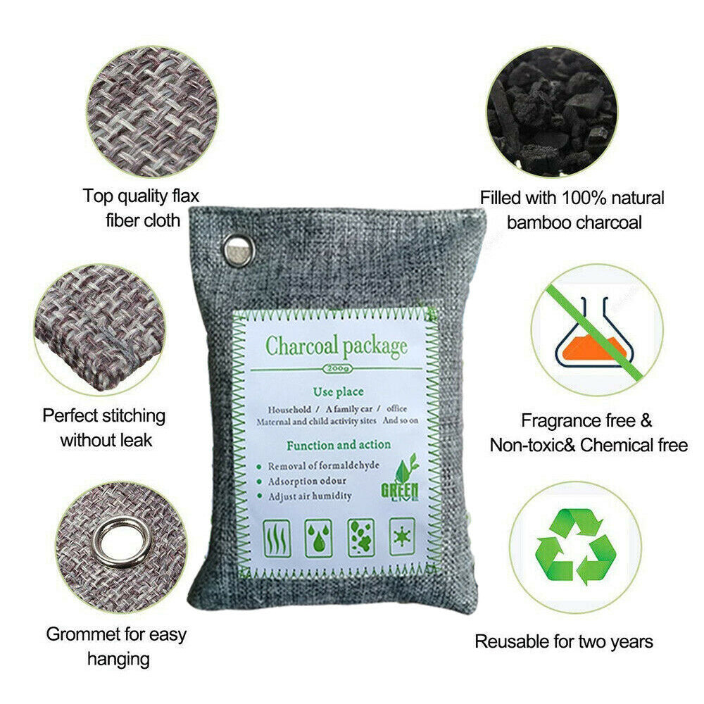 Set of 5 Hlpmedical air purifying bags with activated bamboo charcoal for car, home, shoes; natural deodorizer and freshener.