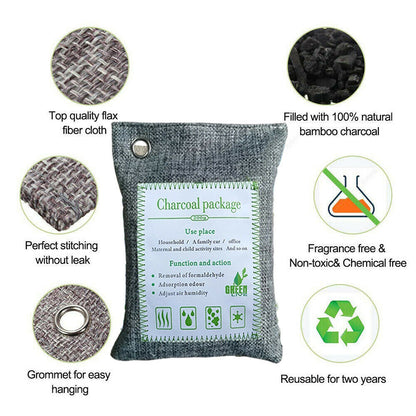 Set of 5 Hlpmedical air purifying bags with activated bamboo charcoal for car, home, shoes; natural deodorizer and freshener.
