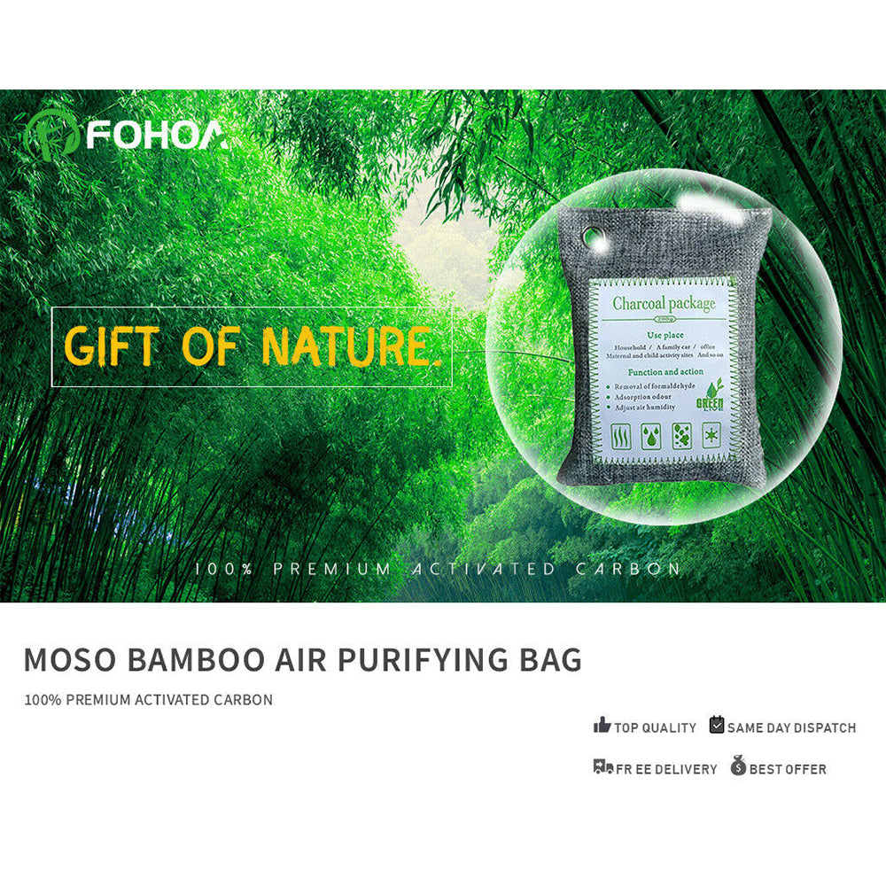Set of 5 Hlpmedical bamboo charcoal air purifying bags for car, home, shoes; natural odor absorber and freshener, 200g each.
