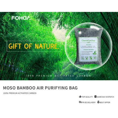 Set of 5 Hlpmedical bamboo charcoal air purifying bags for car, home, shoes; natural odor absorber and freshener, 200g each.