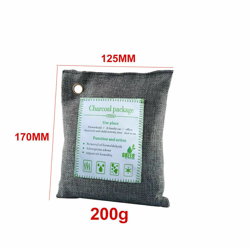 Set of 5 Hlpmedical bamboo charcoal air purifying bags for car, home, and shoes, odor absorber and freshener, 200g each.