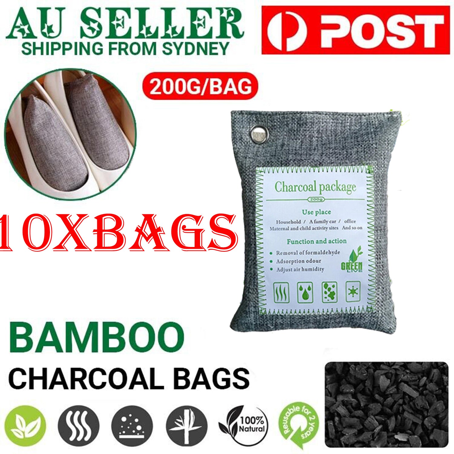 Set of 10 Hlpmedical bamboo charcoal air purifying bags for car, home, and shoes, featuring activated charcoal for freshening spaces.