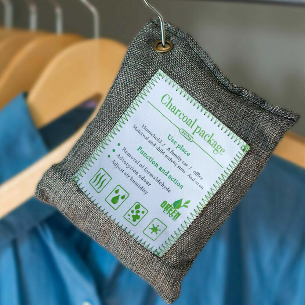 Set of 10 Hlpmedical activated bamboo charcoal air purifying bags for car, home, and shoes, each 200g, natural deodorizer.