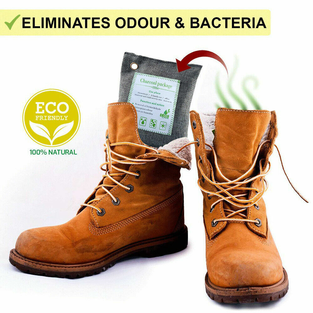 Set of 10 Hlpmedical bamboo charcoal air purifying bags for car, home, and shoes, designed to absorb odors and freshen spaces.
