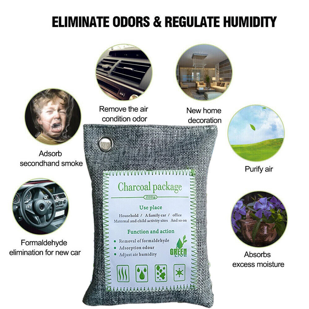 Set of 10 Hlpmedical bamboo charcoal air purifying bags for car, home, and shoes, each 200g, with natural deodorizing properties.