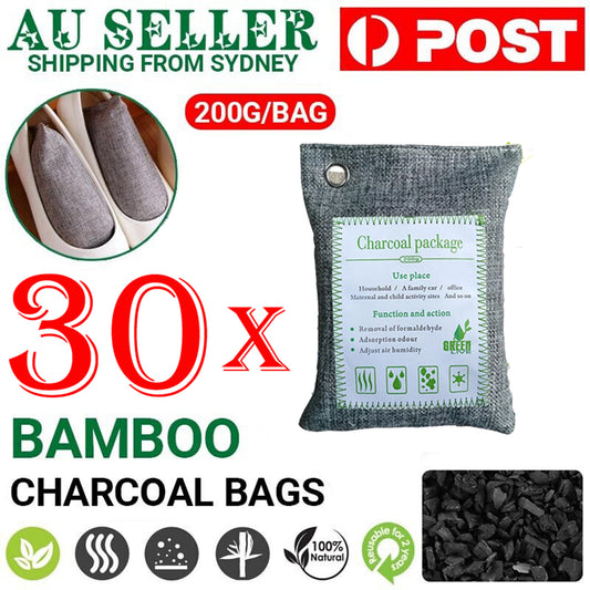30-pack Hlpmedical activated bamboo charcoal air purifying bags for car, home, and shoes, deodorizing and freshening spaces naturally.