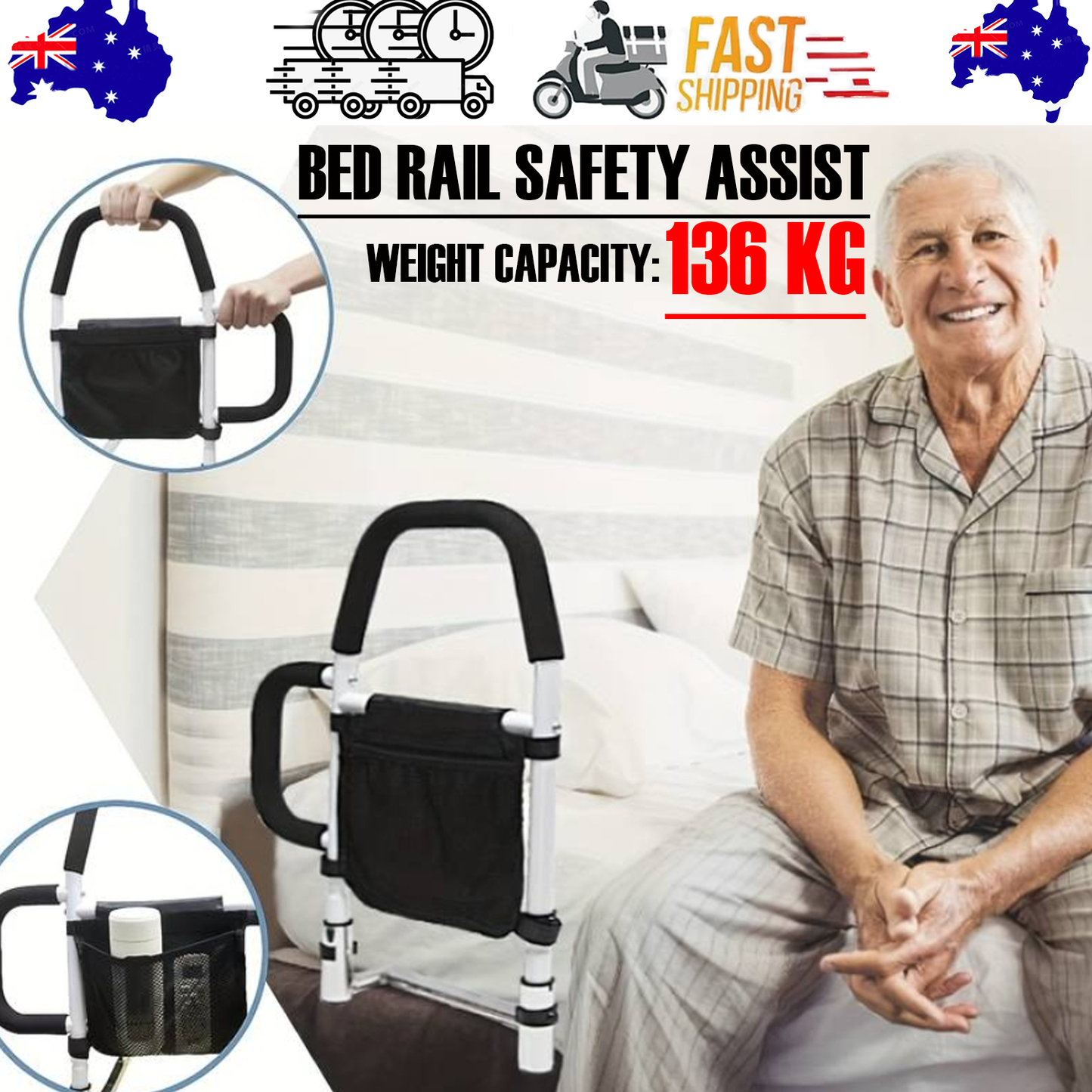 Hlpmedical bed rail safety assist for elderly with storage pocket and fixing strap, provides support and stability in the bedroom.