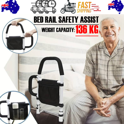 Hlpmedical bed rail safety assist for elderly with storage pocket and fixing strap, provides support and stability in the bedroom.