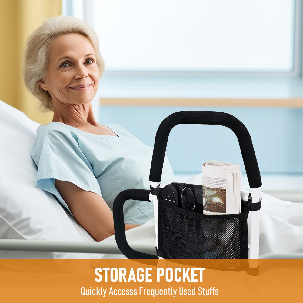 Hlpmedical bed rail safety assist with storage pocket and fixing strap for elderly adults, providing support and stability in the bedroom.