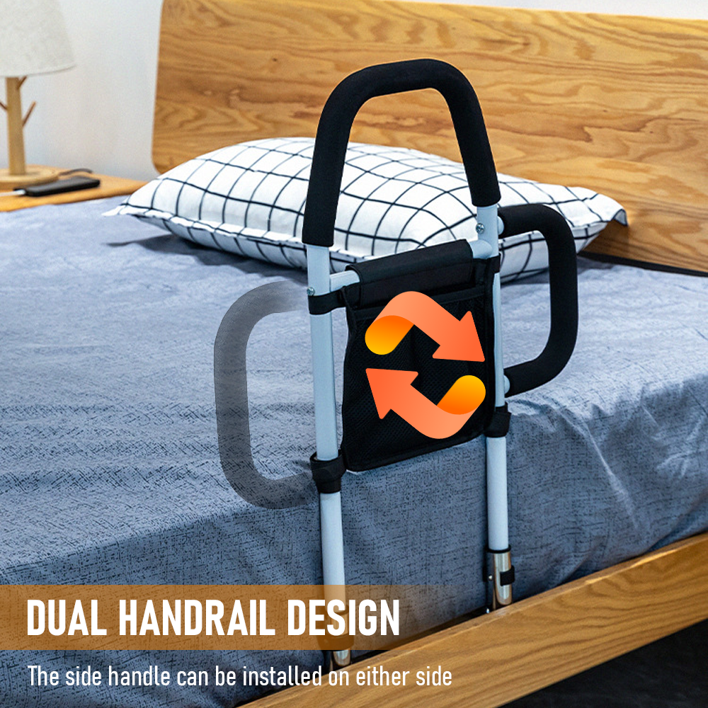Hlpmedical bed rail safety assist for elderly with storage pocket and fixing strap, providing stability and support for mobility.