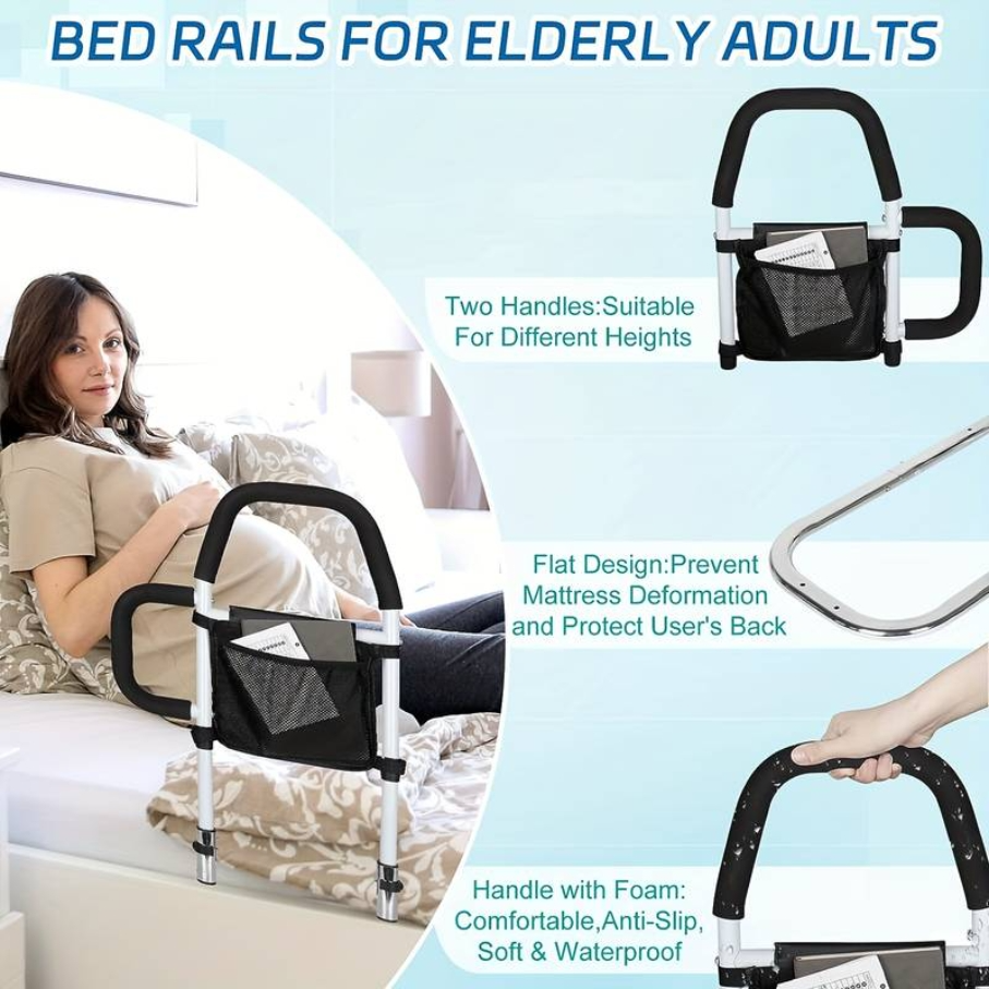 Hlpmedical bed rail safety assist with storage pocket and fixing strap for elderly mobility and safety in a healthcare setting.