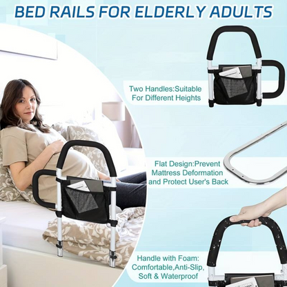 Hlpmedical bed rail safety assist with storage pocket and fixing strap for elderly mobility and safety in a healthcare setting.