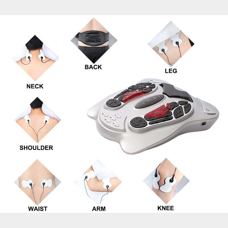Hlpmedical electromagnetic foot massager with wave pulse technology, showing foot placement and control buttons on a white background.