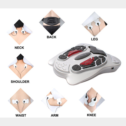 Hlpmedical electromagnetic foot massager with wave pulse technology, showing foot placement and control buttons on a white background.