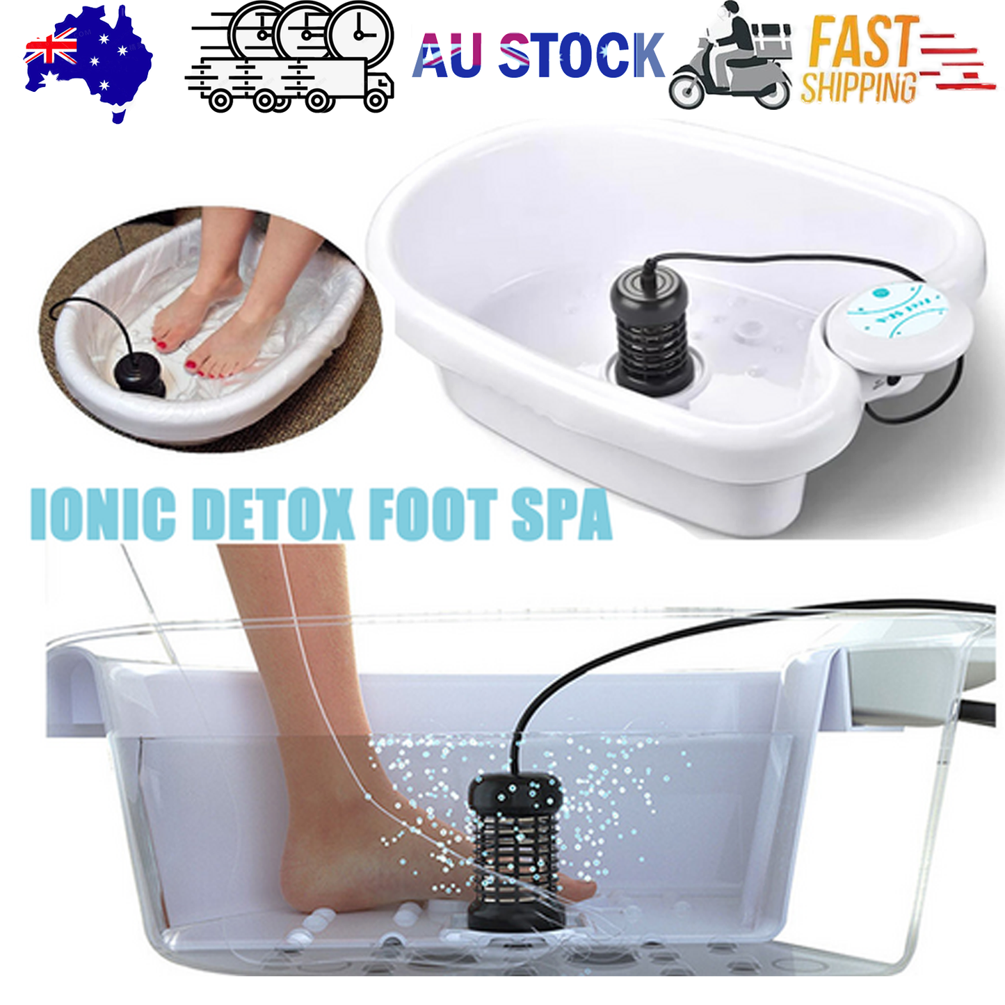 Hlpmedical Ion Ionic Detox Foot Spa Machine with array cell for foot detox and health cleansing in a white spa tub.