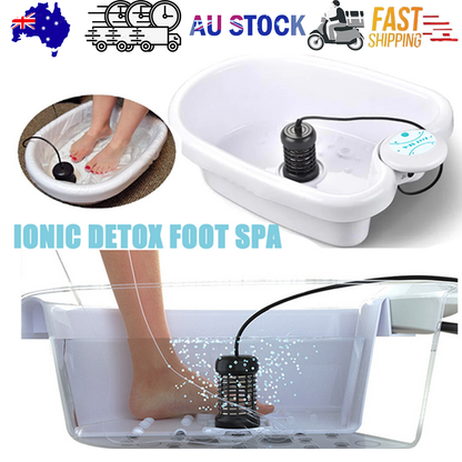 Hlpmedical Ion Ionic Detox Foot Spa Machine with array cell for foot detox and health cleansing in a white spa tub.