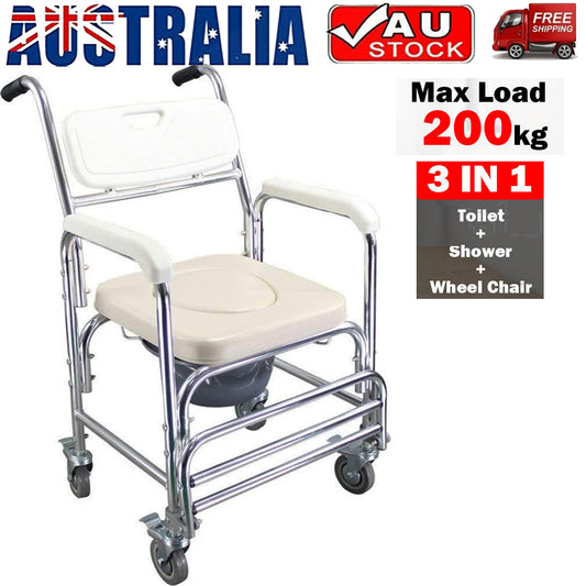 Hlpmedical mobile shower commode chair with aluminum frame, footrest, and wheels for bathroom mobility and accessibility.
