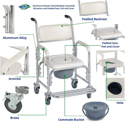 Hlpmedical mobile shower toilet commode chair with aluminum frame, bedside footrest, and wheels for mobility and accessibility.