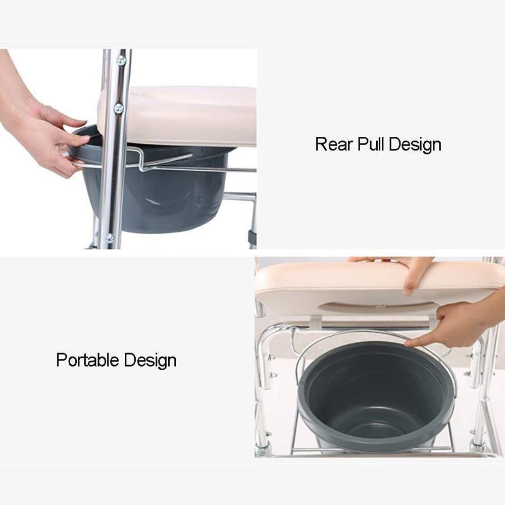 Hlpmedical mobile shower toilet commode chair with aluminum frame, bedside footrest, and wheelchair features for mobility and accessibility.