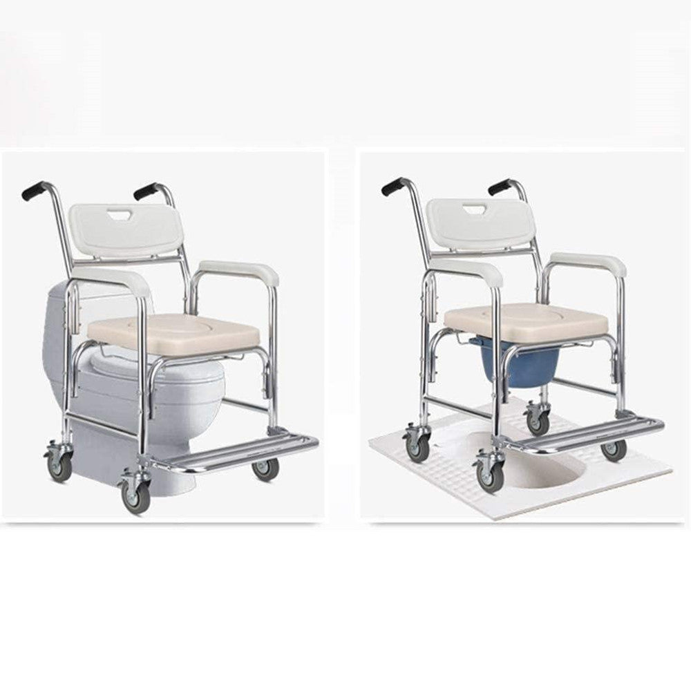 Hlpmedical mobile shower toilet commode chair with aluminum frame and bedside footrest, designed for mobility and accessibility.