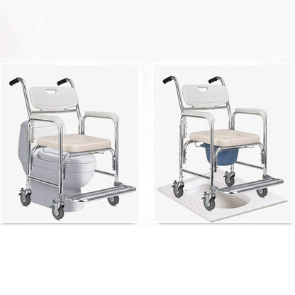 Hlpmedical mobile shower toilet commode chair with aluminum frame and bedside footrest, designed for mobility and accessibility.