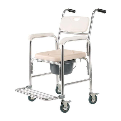 Hlpmedical mobile shower commode chair with aluminum frame, footrest, and wheels for bathroom use and mobility assistance.