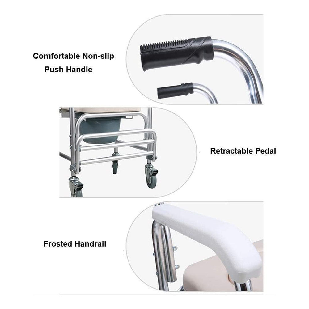 Hlpmedical mobile shower toilet commode chair with aluminum frame and footrest, designed for mobility and bathroom accessibility.
