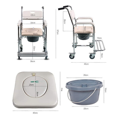 Hlpmedical mobile shower toilet commode chair with aluminum frame and bedside footrest, designed for mobility and accessibility.