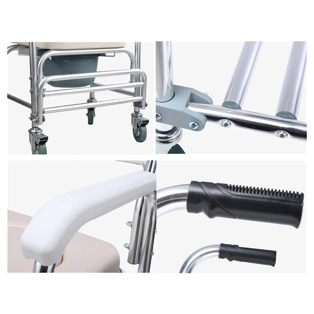White aluminum mobile shower commode chair with footrest, designed for bathroom use and mobility assistance by Hlpmedical.