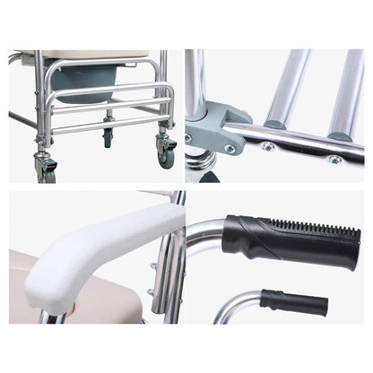 White aluminum mobile shower commode chair with footrest, designed for bathroom use and mobility assistance by Hlpmedical.