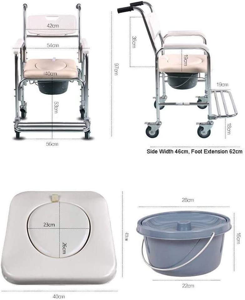 Hlpmedical mobile shower toilet commode chair with aluminum frame, bedside footrest, and wheelchair features for accessibility and hygiene.
