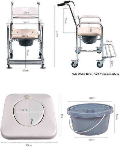 Hlpmedical mobile shower toilet commode chair with aluminum frame, bedside footrest, and wheelchair features for accessibility and hygiene.