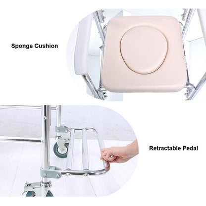 Hlpmedical mobile shower toilet commode chair with aluminum frame, bedside footrest, and wheelchair features for mobility and accessibility.