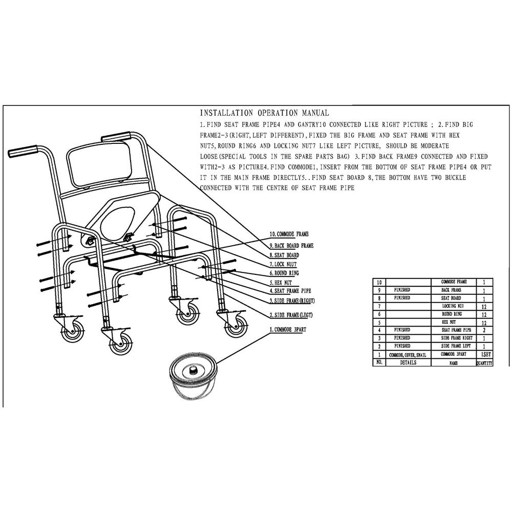 Hlpmedical mobile shower commode chair with aluminum frame, bedside footrest, and wheelchair features for accessible bathroom use.