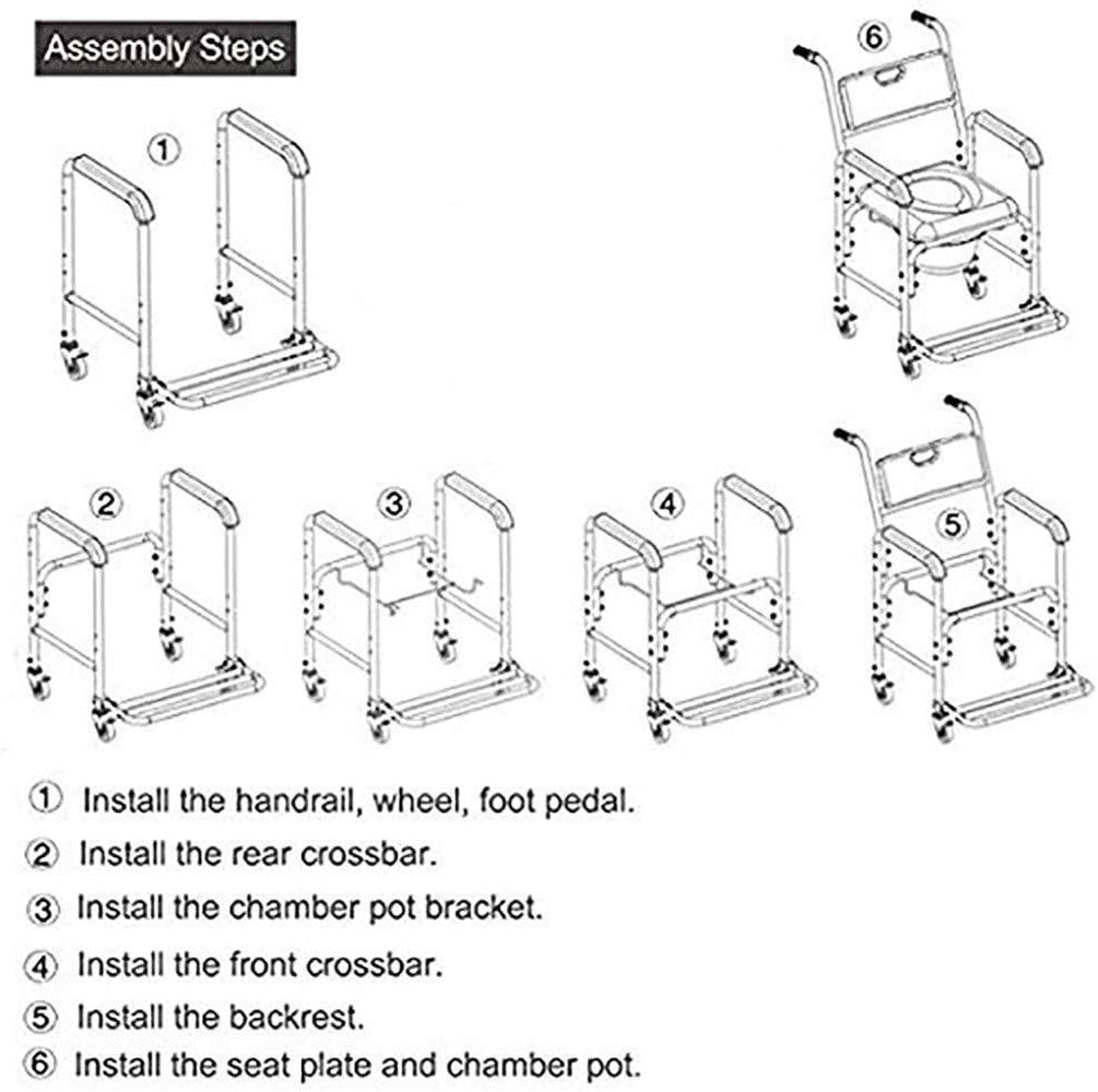Hlpmedical mobile shower commode chair with aluminum frame, bedside footrest, and wheelchair features for mobility and bathroom accessibility.