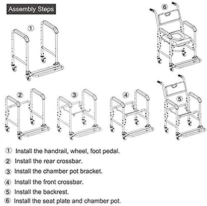 Hlpmedical mobile shower commode chair with aluminum frame, bedside footrest, and wheelchair features for mobility and bathroom accessibility.