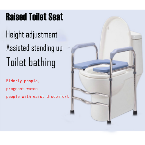 Hlpmedical raised toilet seat riser with arms, 64-74cm height, for elderly and handicap bathroom support, in a bathroom setting.
