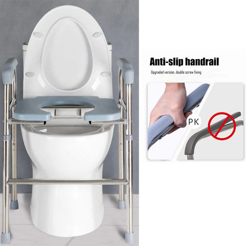Hlpmedical raised toilet seat riser with arms for elderly and handicap, 64-74cm height, in bathroom setting.