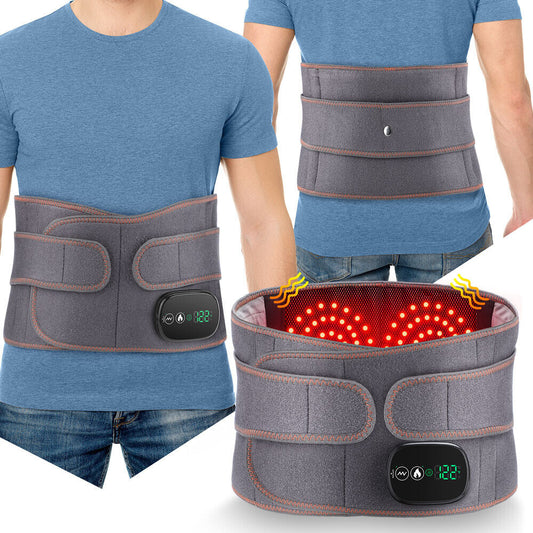 Hlpmedical electric dual infrared heat back massager with lumbar support belt, gray, showing the device wrapped around a person's lower back.