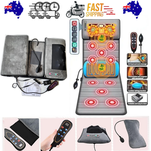 Hlpmedical full body heated massage mat with 10 vibrating motors for pain relief and relaxation, shown on a mattress pillow.